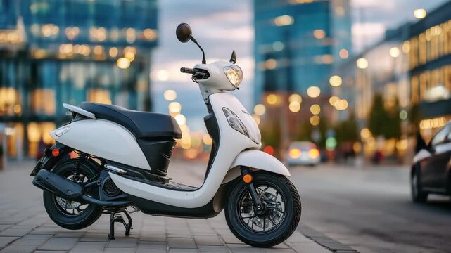 156Detailed close-up of a white scooter parked curbside, sidewalk texture visible, tall modern building fading into bokeh, clean urban mobility concept