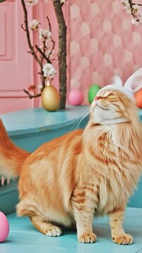 Funny Ginger Cat with White Bunny Ears Playing with Golden Easter Egg, Cute Fluffy Pet in Festive Pink Interior, Easter Celebration Concept