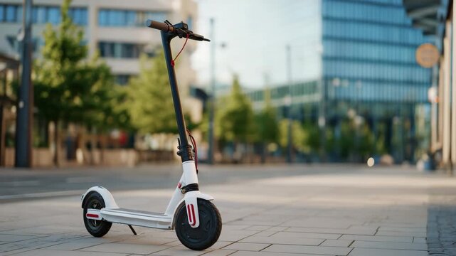 155Detailed close-up of a white scooter parked curbside, sidewalk texture visible, tall modern building fading into bokeh, clean urban mobility concept