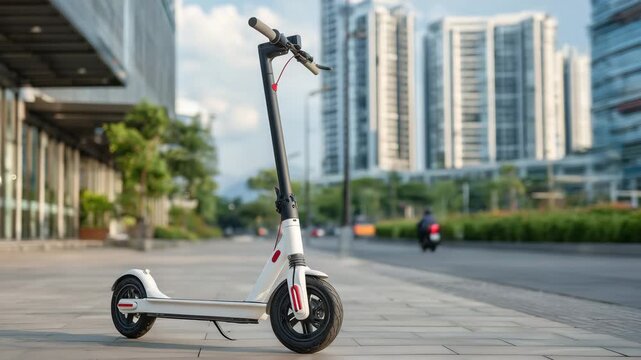 160Sleek white scooter parked on a paved sidewalk, close-up perspective highlighting design details, high-rise building looming in the background, natural daylight, realistic city pho
