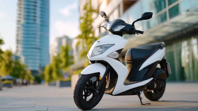 164Close-up still life of a white scooter on a city sidewalk, body panels and tire tread in focus, towering building background blurred, calm urban morning mood