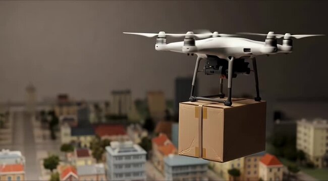 Delivery Drone Carrying Cardboard Box Over Miniature City Model Under Soft Lighting