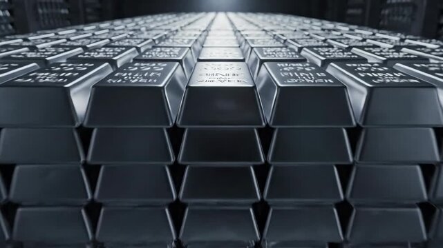 Shiny silver bars stacked in rows inside a dark vault. Precious metal reserves and financial assets. Investment commodity storage for banking and wealth management.