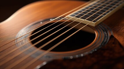 Fototapeta premium Closeup of acoustic guitar body and strings in warm lighting 