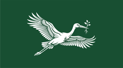 Fototapeta premium Elegant White Crane Flying with Green Sprout in Beak.