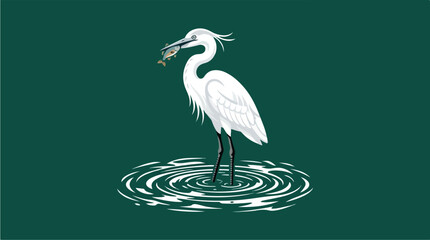 Fototapeta premium Elegant White Egret Standing in Rippling Water with Fish in Beak.