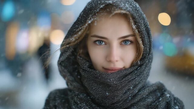 174A woman with her face obscured by a scarf and angle, standing on a snowy sidewalk, gentle falling snow, cinematic lighting, anonymous winter street scene