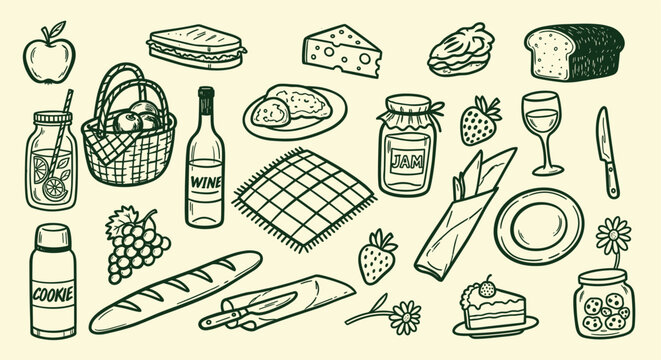 Picnic Food Assortment Hand Drawn Sketch Style