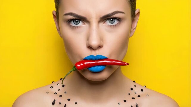 Bright colors ignite bold expressions as a woman playfully poses with a chili pepper against a yellow backdrop