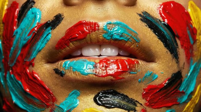 Artistic expression brings color to life through vibrant painted lips and playful gestures in a creative celebration