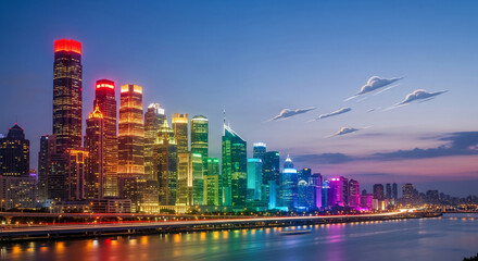 Naklejka premium Panoramic view of a colorful cityscape at dusk with illuminated buildings, water, and moving lights, representing urban development and vibrant city life