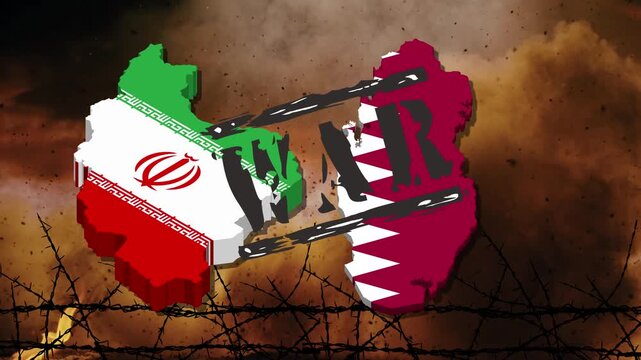 Iranian and Qatari flags, smoke, fire, and barbed wire on a 3D map. Illustrating conflict and war between the two countries and the world.