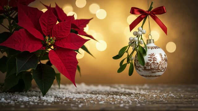 Christmas ornament hanging beside festive poinsettia plant  
