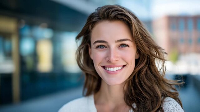 193Portrait of a woman with long brown hair and a bright friendly smile, soft diffused light, shallow depth of field, subtle background blur, commercial stock photography style