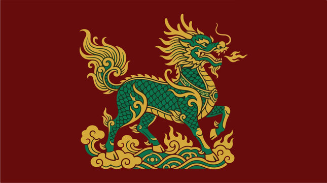 Majestic Green Chinese Dragon Horse Creature on Red Background.