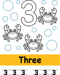 Naklejka premium Three crabs and number three on white background with yellow banner