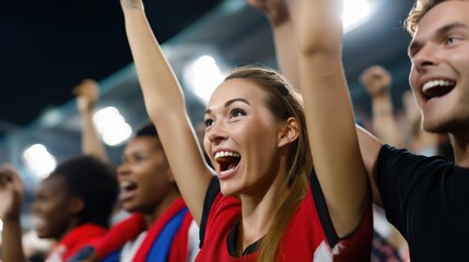 Fototapeta premium Excited fans cheering during nighttime soccer match in stadium 
