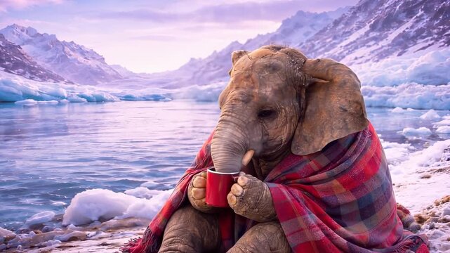 Baby Elephant Wrapped In Red Blanket By Lake