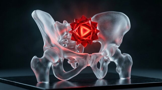 Abstract pelvic pain model with glowing red chakra symbolizing endometriosis  