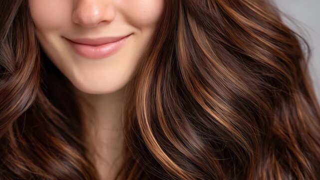 208Close-up of a woman&rsquo;s brown hair, rich natural tones and soft highlights visible, individual strands sharply detailed, shallow depth of field, blurred neutral background, beauty ph