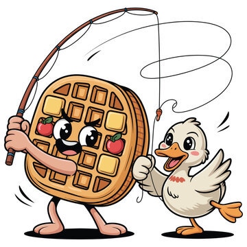 Cute cartoon waffle character with apples fishing with a duckling on a white background funny food illustration for kids breakfast cartoon character