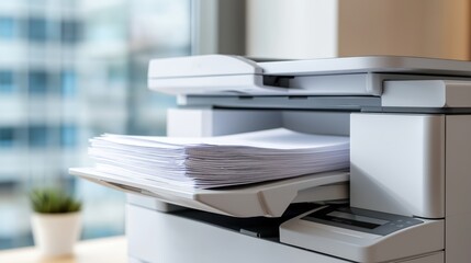 Office printer with papers printing in modern workspace environment  