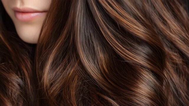 216Close-up beauty detail of healthy brown hair, fine strands catching the light, natural texture emphasized, blurred neutral background, realistic hair photography
