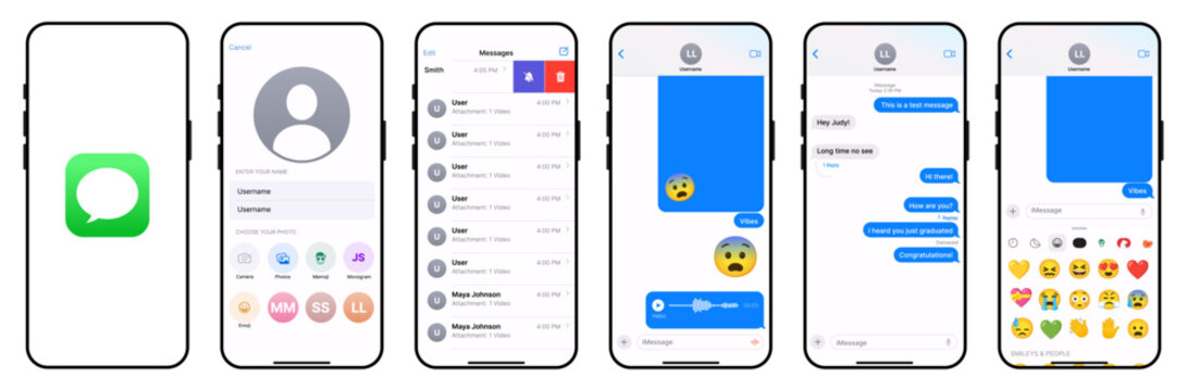 Apple iMessage Mobile Interface Mockup with Apple iMessage Chat, Apple iMessage Inbox and Apple Messages Conversation Screens