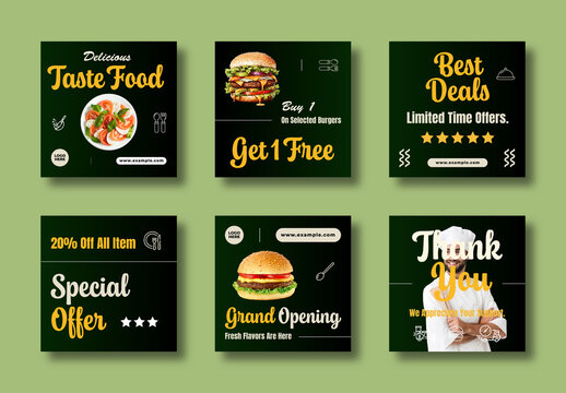 Fast Food Restaurant Social Media Post Template Set with Design