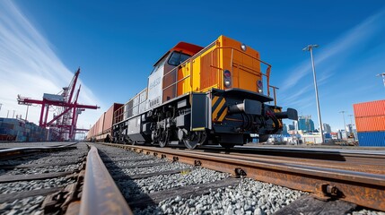 Obraz premium Freight train moving on railway tracks at cargo shipping terminal 