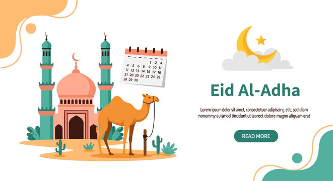 Eid Al-Adha celebration with camel and mosque in desert landscape