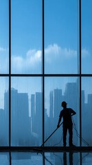 Fototapeta premium Window Cleaner Silhouette Against City Skyline