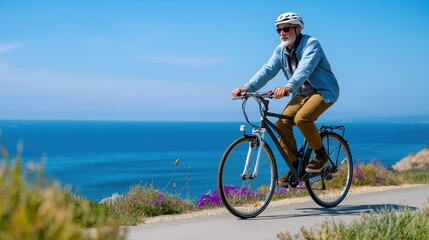 Fototapeta premium Elderly man cycling on coastal path with blue ocean in background 