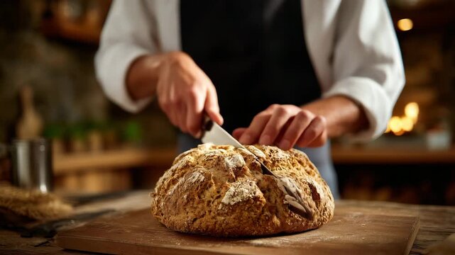 491Faceless person slicing bread, close-up on hands and texture, rustic kitchen blurred background