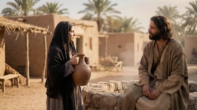 Jesus Sitting By Ancient Stone Well Talking With Woman Holding Water Jar Under Warm Daylight, great for gospel teachings and historic films.