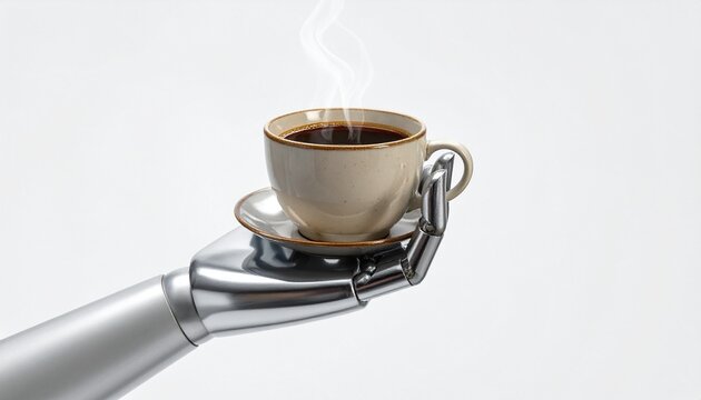 A futuristic scene: a robot's hand delicately holding a steaming cup of coffee, creating a sense of wonder and technological advancement.