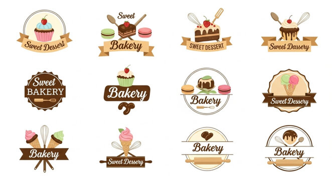 Collection of sweet bakery and dessert shop logos and emblems.