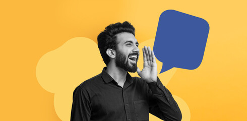 A man stands with a hand near his mouth. He appears to be shouting or speaking loudly. Behind him is a bright yellow background with a speech bubble graphic. © Prostock-studio