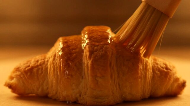 Glazing a fresh croissant with a brush creates a delicious golden pastry in warm light.