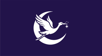 Fototapeta premium White crane flying with star and crescent moon logo.