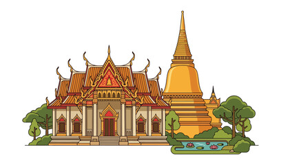 Obraz premium Thai Buddhist Temple With Golden Pagoda Vector Illustration, Traditional Thailand Wat Architecture Landmark