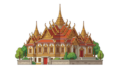 Obraz premium Traditional Thai Buddhist Temple Vector Illustration, Ornate Golden Roof Architecture
