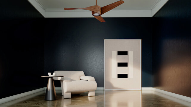 Large illustration 3D rendering luxury modern bright interiors Living room mockup with Couch and Ceiling Fan Ventilation
