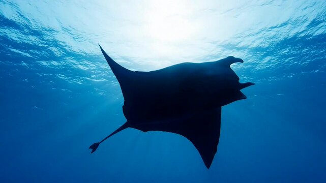 Manta ray silhouette glides gracefully in deep blue ocean with sunlight streaming through the water.