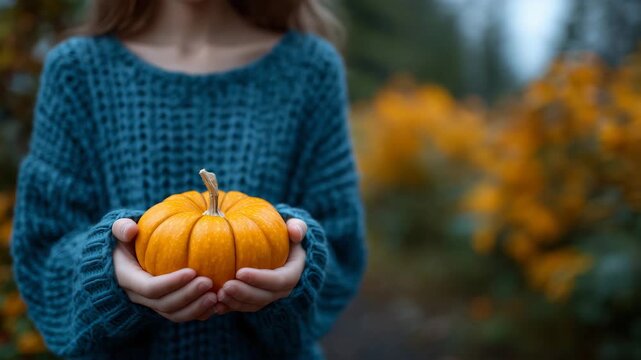 560Faceless figure holding a pumpkin, close-up macro on hands and pumpkin skin texture, autumn seasonal stock