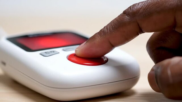 African american man pressing red circular button on white emergency device. Finger pushing control switch. Safety alert activation sequence, interactive technology.