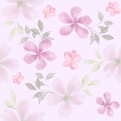 Soft pink watercolor floral seamless pattern with leaves on pastel background © HoyaBouquet