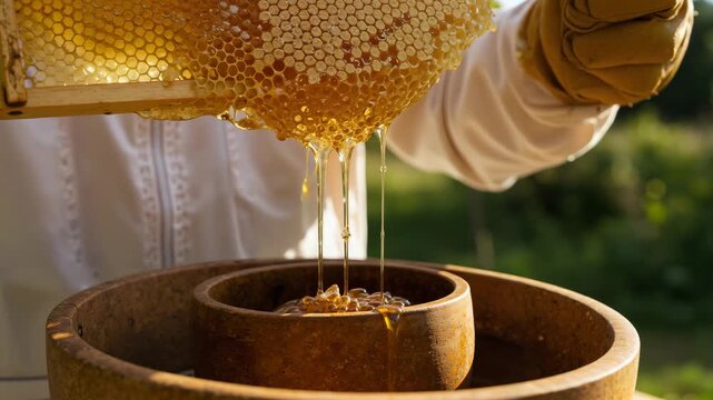 Beekeeper extracting honey from honeycomb in a sunny outdoor setting  