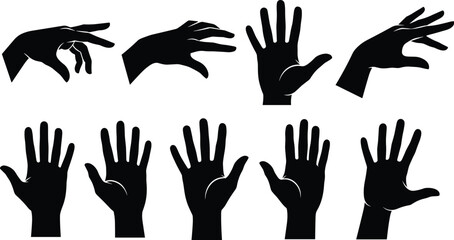 Obraz premium Set of multiple black silhouette human hand gestures, featuring reaching, pointing, grabbing, and open palms, isolated on a white background.