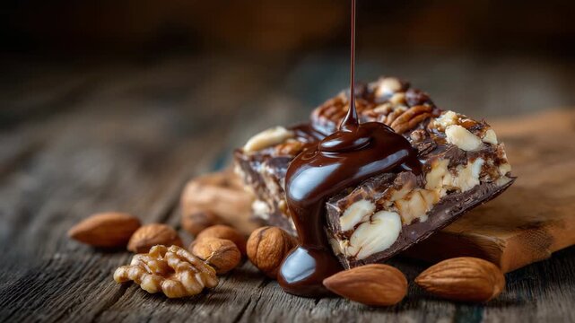 Artisan chocolate bar filled with mixed nuts, sliced open on a wooden surface, thick chocolate drizzle flowing slowly off the edge, macro food photography, rich highlights and shad